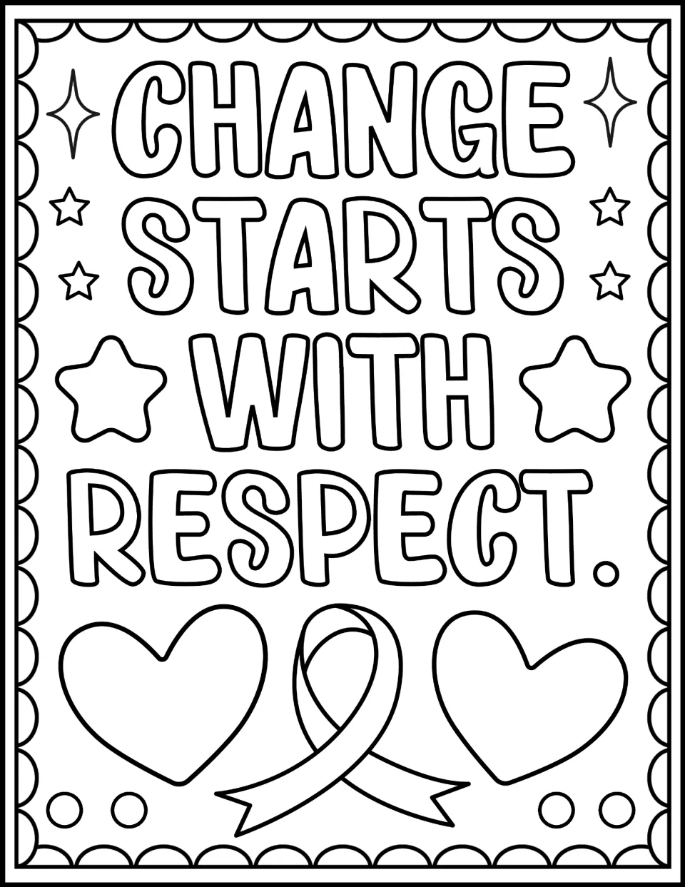 White Ribbon Day coloring page featuring the message 'Change starts with respect' and an awareness ribbon