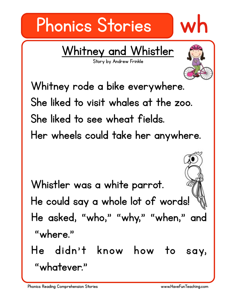 Whitney And Whistler WH Phonics Stories Reading Comprehension Worksheet