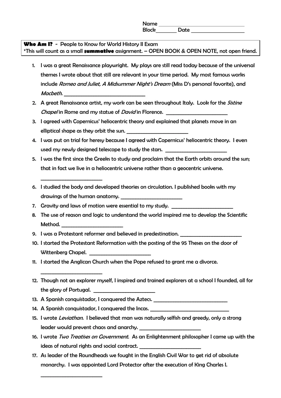 World history review questions 1–17: identify Shakespeare, Michelangelo, scientific thinkers, and reformers.