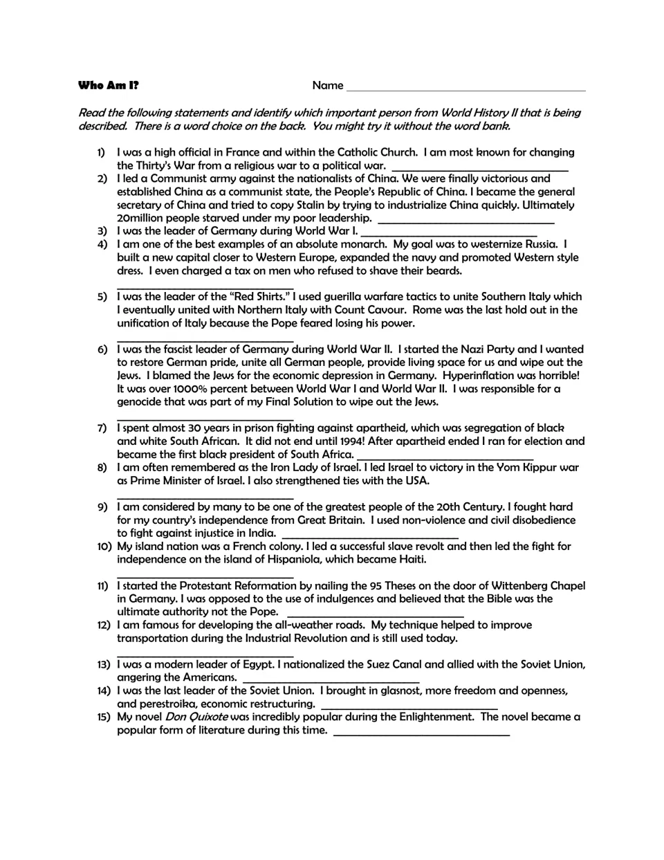 World history identification questions 1–15, with clues about Richelieu, Mao Zedong, and Peter the Great