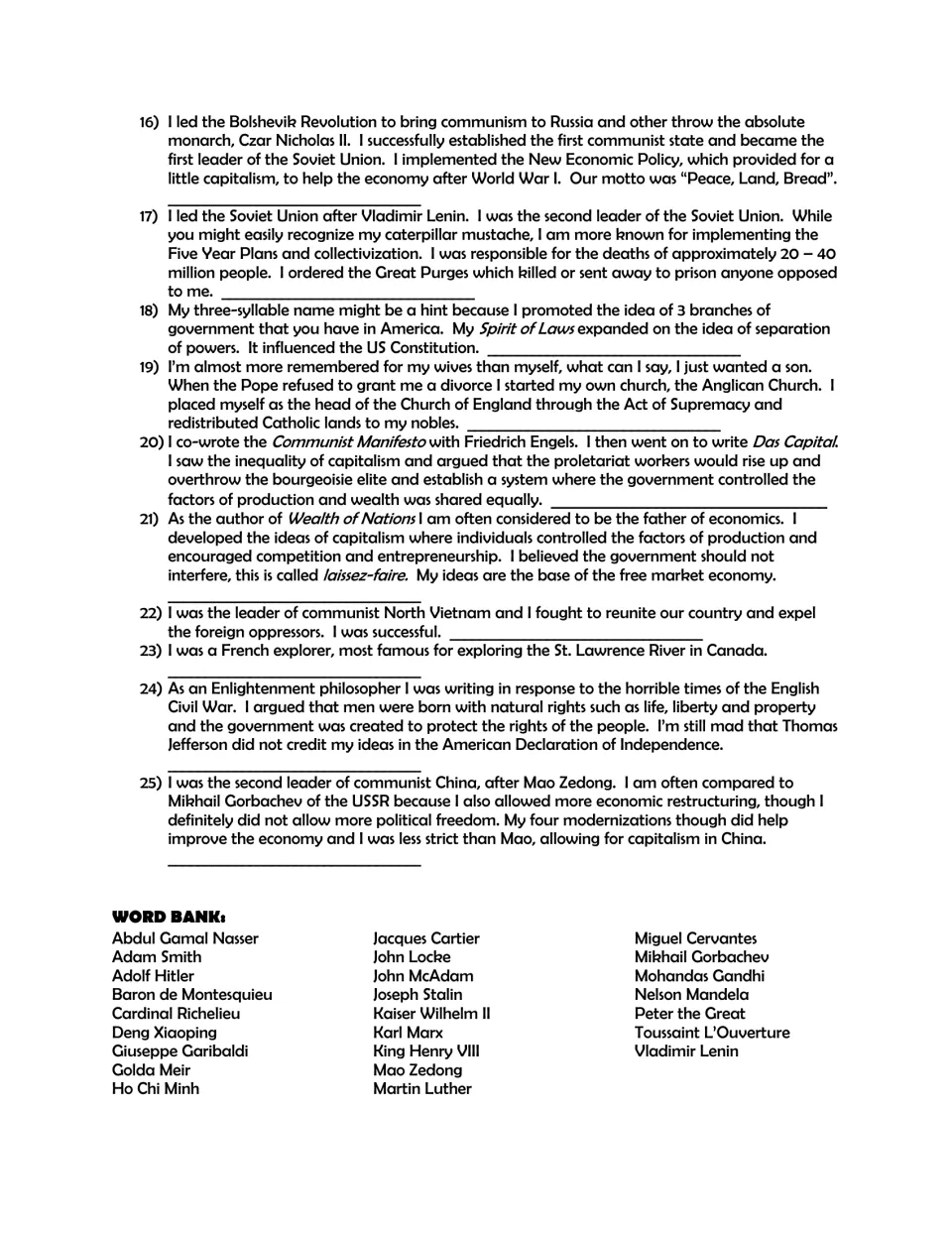 World history identification questions 16–25, with clues about Lenin, Stalin, and Locke, plus a word bank
