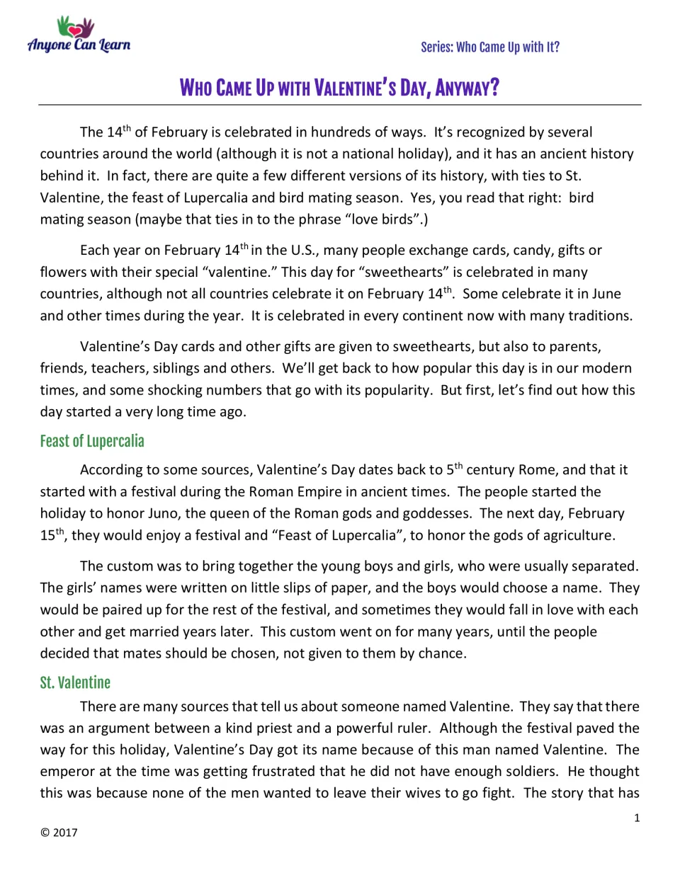 Informational text, part 1: Valentine's Day traditions, the Feast of Lupercalia, and the St. Valentine story