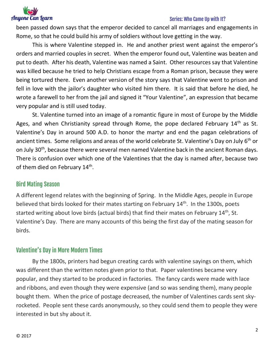 Informational text, part 2: St. Valentine legends, bird mating season, and Valentine's cards in the 1800s