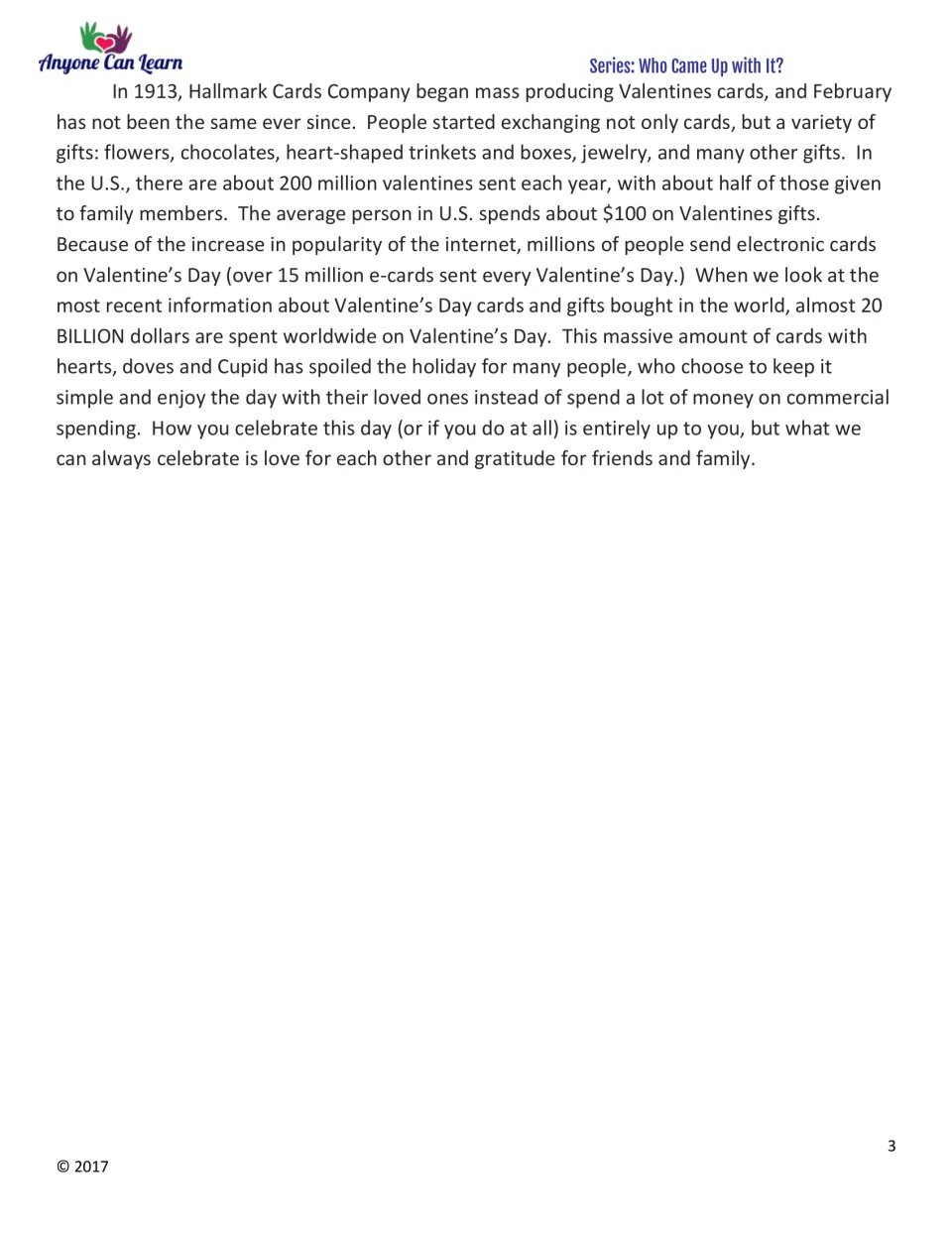 Informational text, part 3: Hallmark cards, Valentine's gifts, e-cards, spending, and gratitude for loved ones