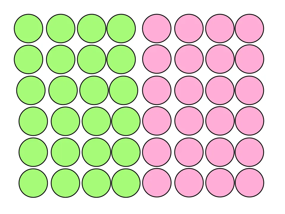Game markers: 24 green and 24 pink circle counters for players to cut out and place on the tic-tac-toe board spaces