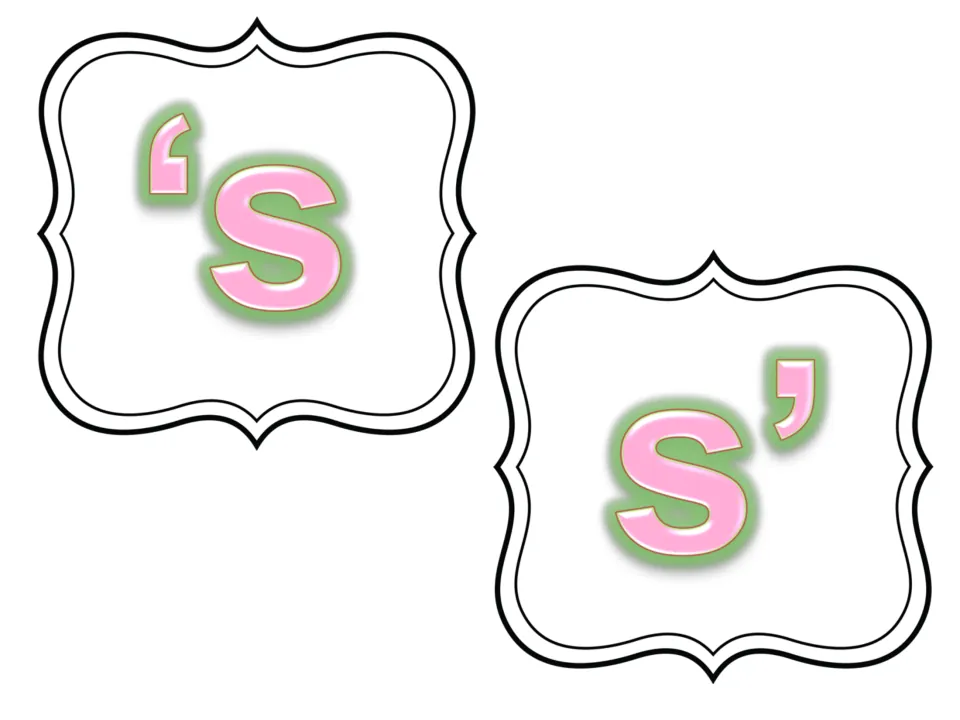 Sorting headers: two large labels, one showing 's and one showing s', for grouping possessive phrase cards by ending