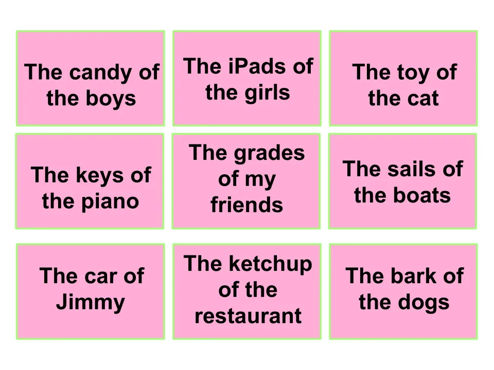 Possessive phrase cards set 1: nine phrases such as the candy of the boys and the car of Jimmy to rewrite with 's or s'