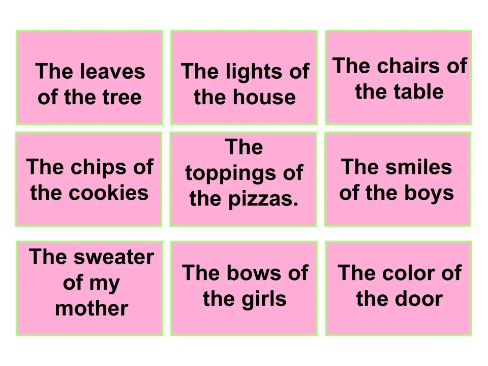 Possessive phrase cards set 2: nine phrases including the toppings of the pizzas and the sweater of my mother