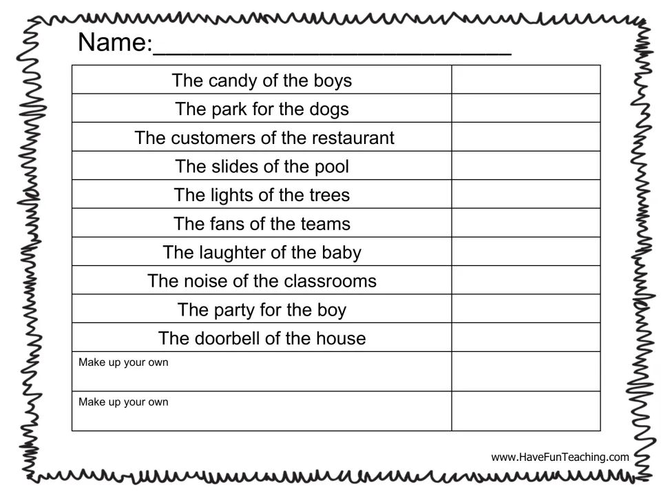 Forming possessives practice: students rewrite 10 phrases like the park for the dogs, then make up two of their own