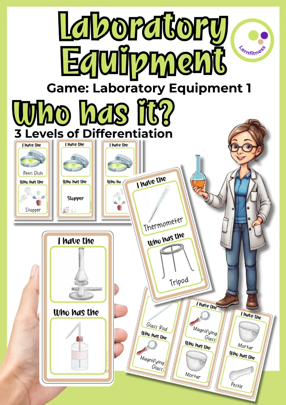 Laboratory Equipment Who has it? cover: game cards for 3 difficulty levels showing petri dish, tripod and Teclu burner