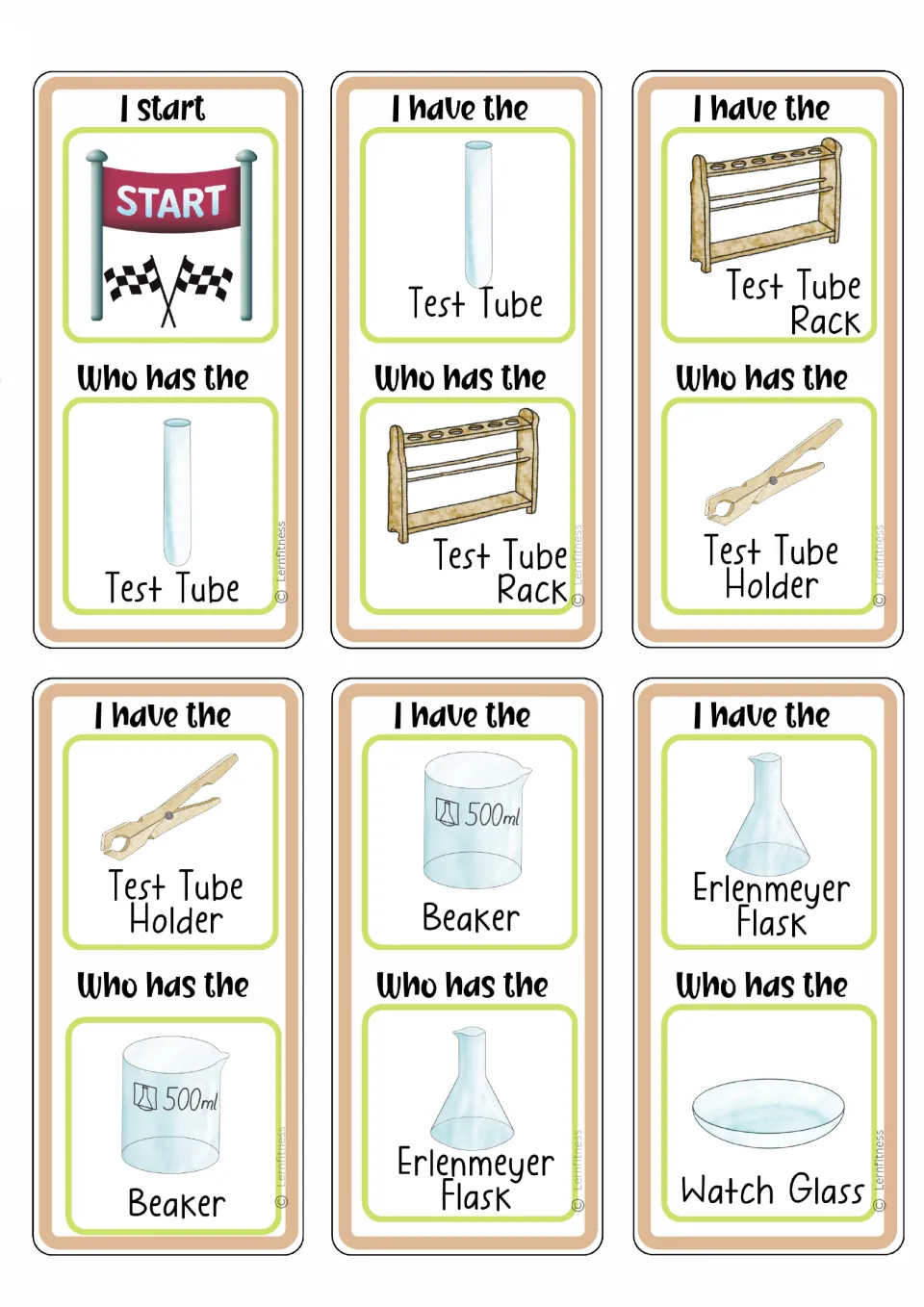 Level 1 matching cards: from the I start card, students chain test tube, rack, holder, beaker, Erlenmeyer flask