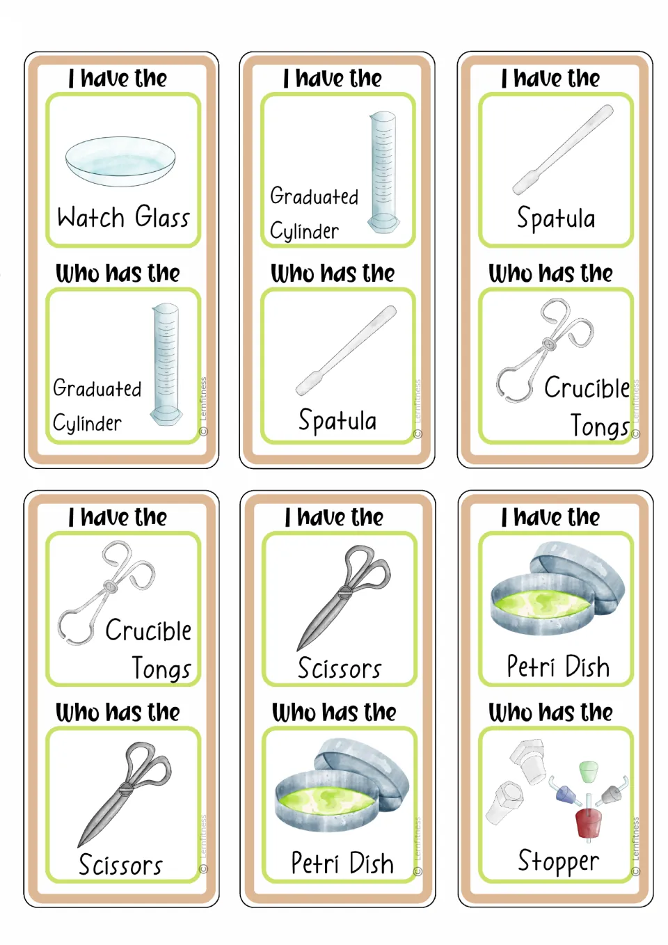 Labeled lab equipment cards linking watch glass, graduated cylinder, spatula, crucible tongs, scissors and petri dish