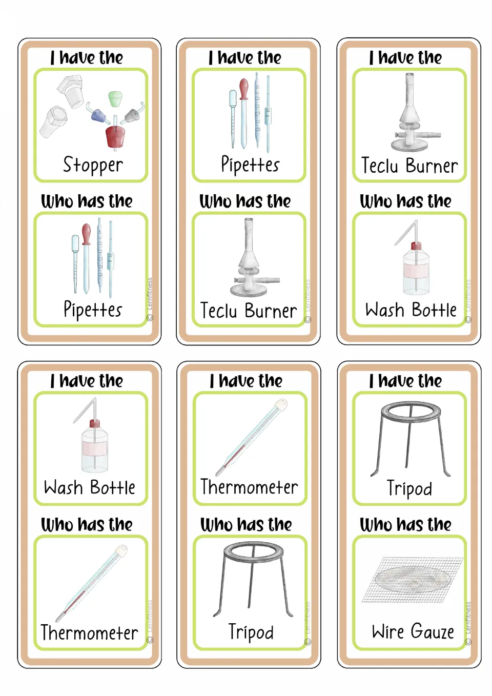 Picture and name cards continuing the chain: stopper, pipettes, Teclu burner, wash bottle, thermometer, tripod, wire gauze