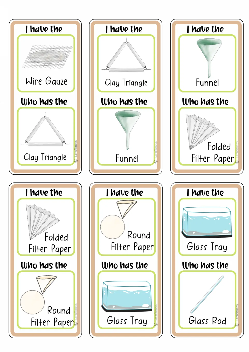 Cards for naming wire gauze, clay triangle, funnel, folded and round filter paper, glass tray and glass rod