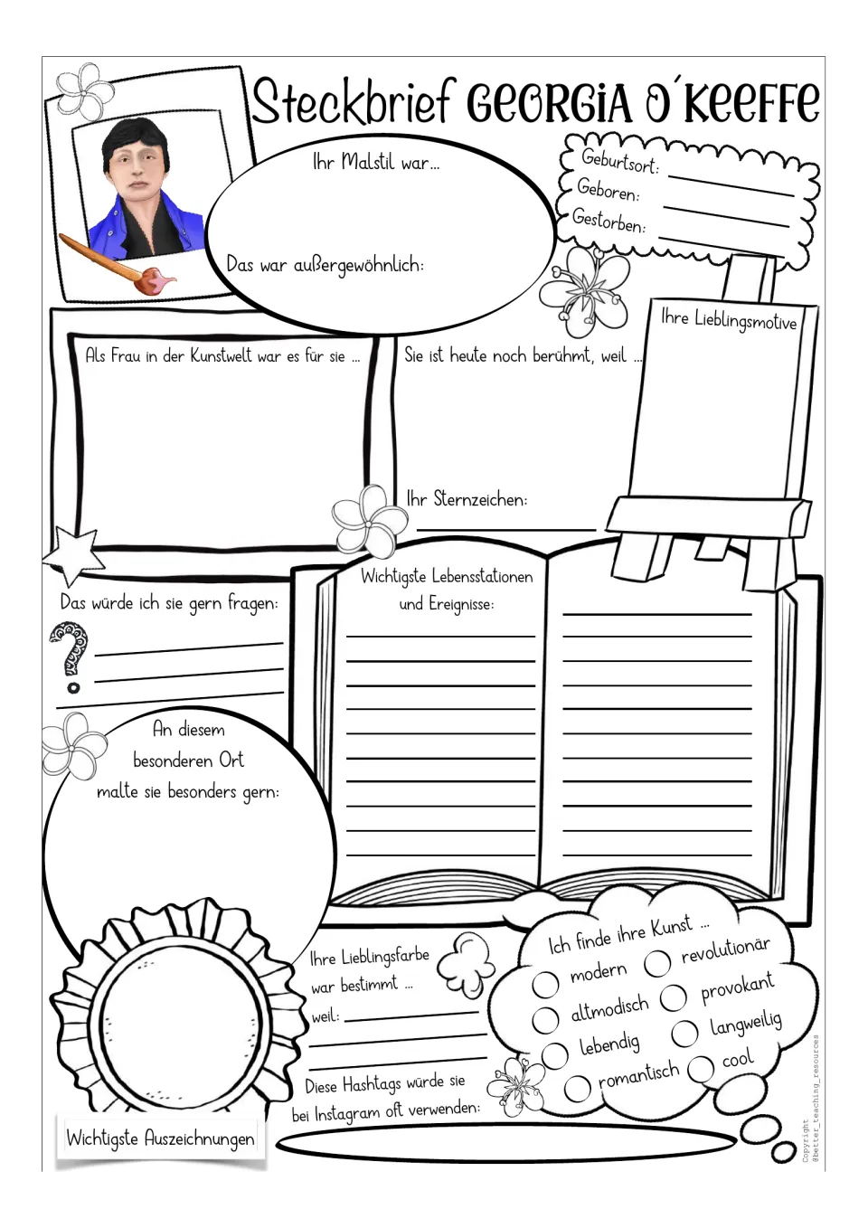 Prompted artist profile template with a color portrait: birth, painting style, favorite subjects, and awards