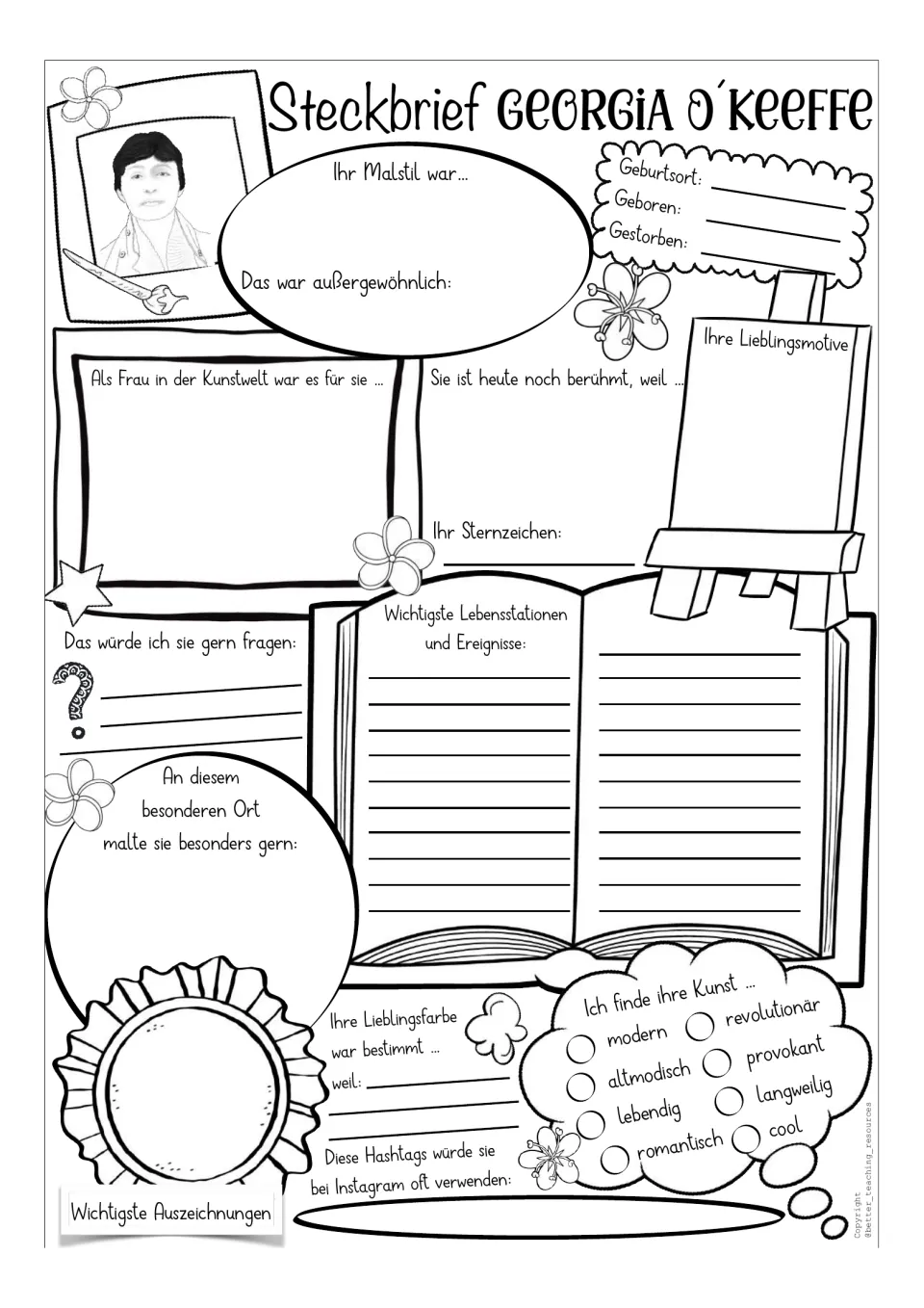 Prompted artist profile template with a black-and-white portrait, life events, and personal response prompts