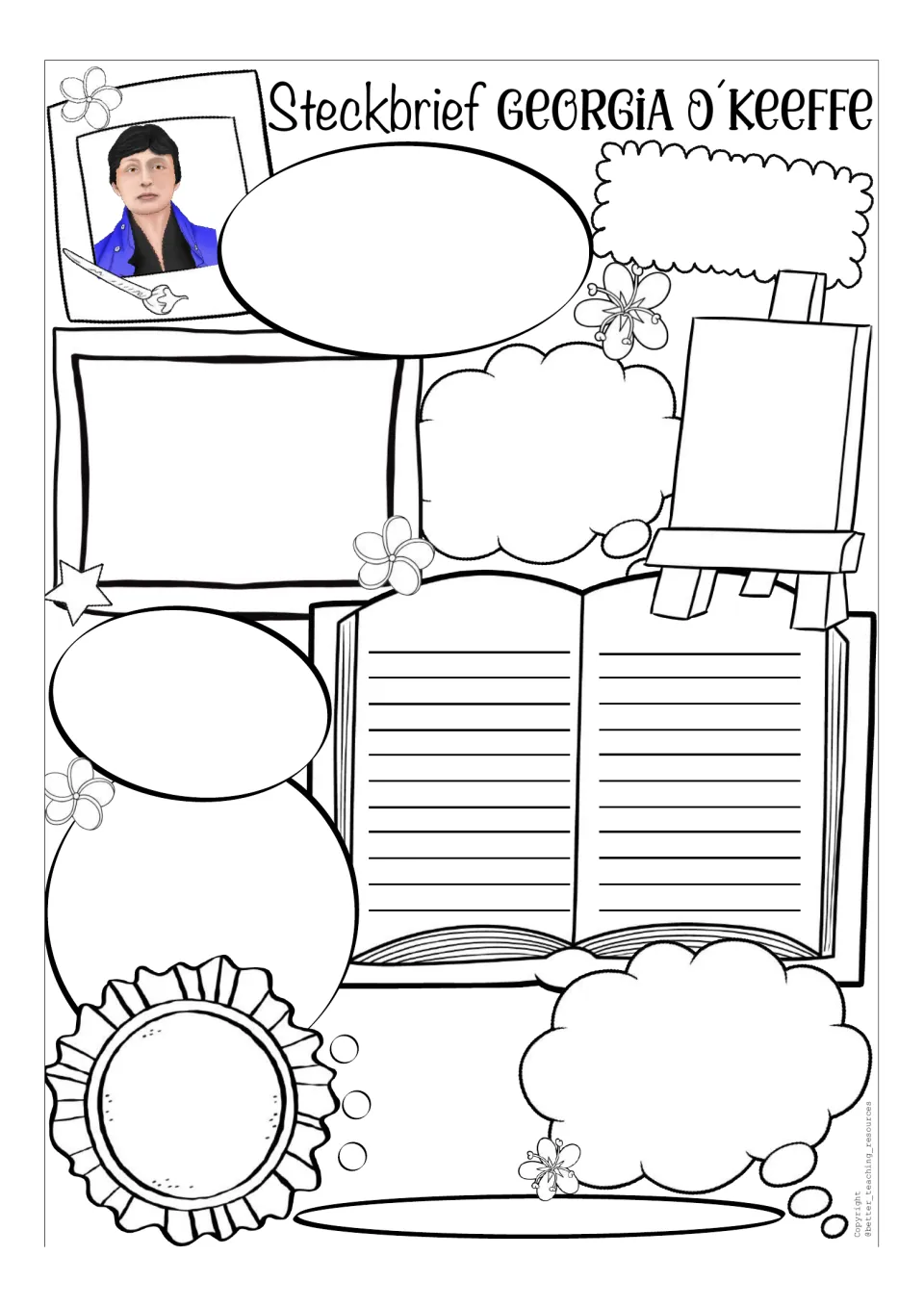Open-ended Georgia O’Keeffe profile template with a color portrait and no prewritten response prompts