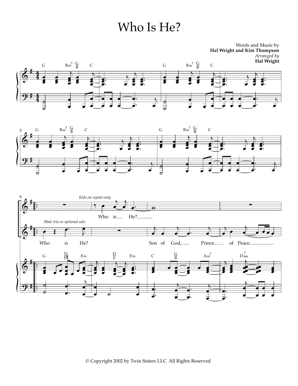 Opening score in G: piano intro, then male trio sings "Son of God, Prince of Peace" as kids echo "Who is He?"