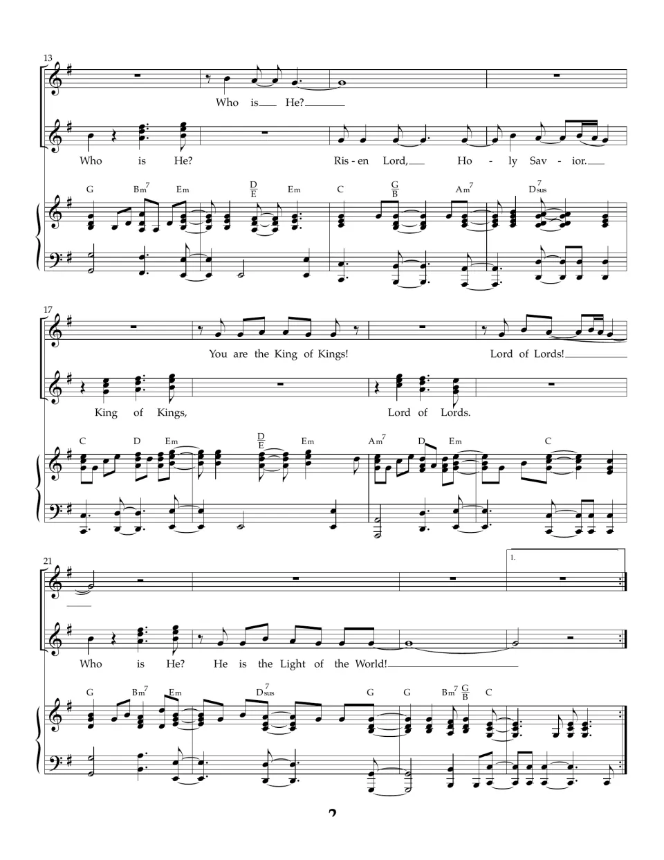 Choral score bars 13-24: refrain lyrics "Risen Lord, Holy Savior," "King of Kings, Lord of Lords" and "Light of the World"