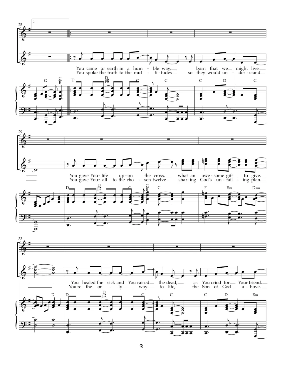 Two-verse section, bars 25-36: lyrics include "You came to earth in a humble way" and "You gave Your life upon the cross"