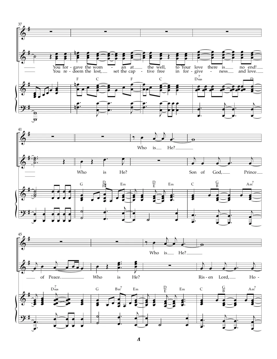 Verse end and refrain return, bars 37-48: "You forgave the woman at the well" leads back to "Son of God, Prince of Peace"