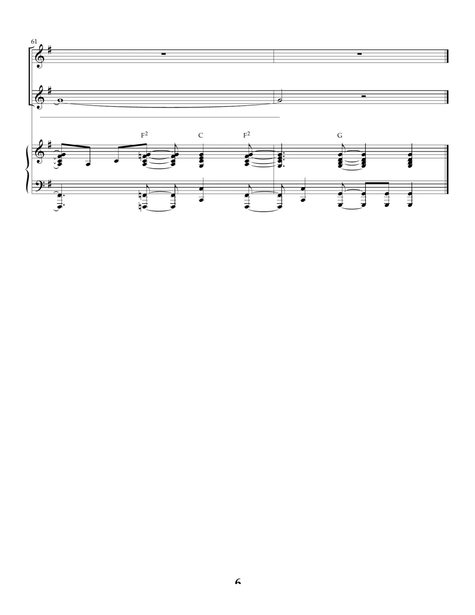 Last two bars, 61-62: held vocal note over closing piano chords F2, C, F2 and G that end the song
