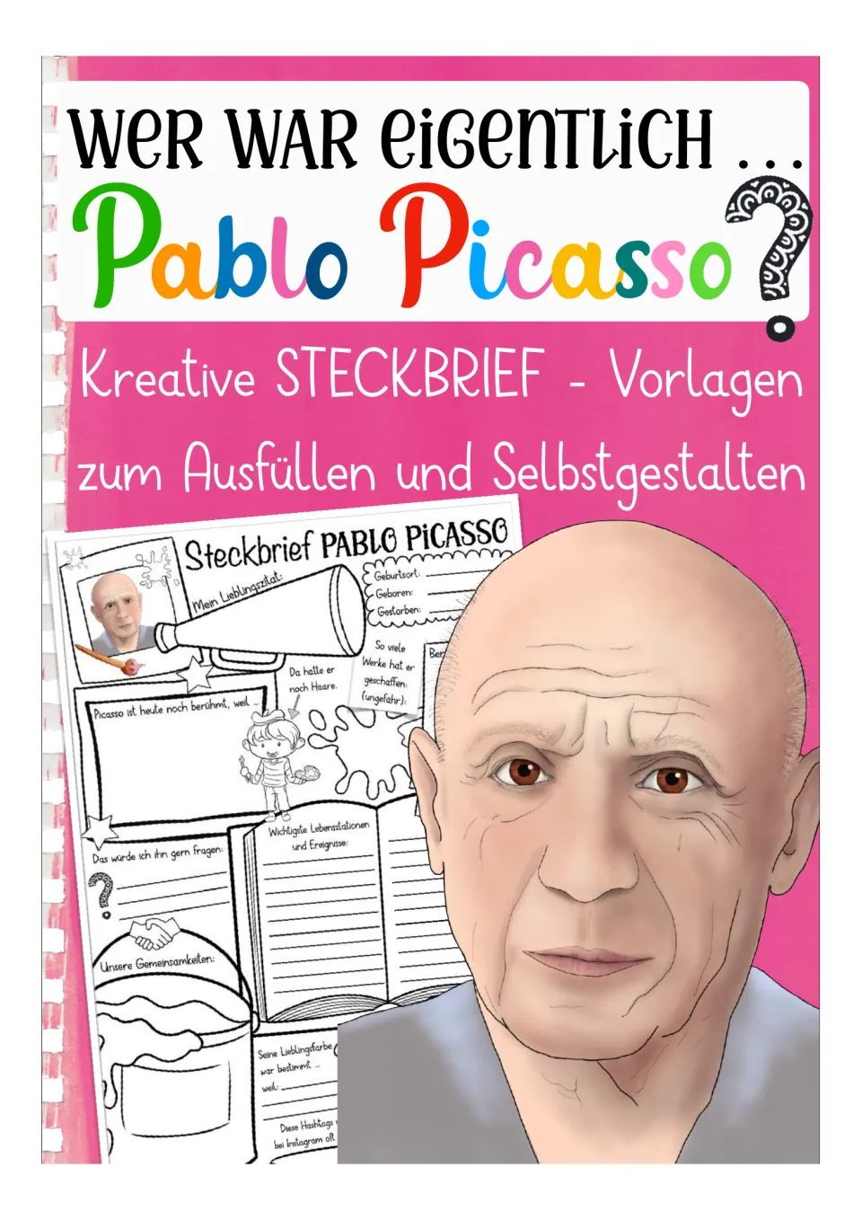 Cover of the German Pablo Picasso biography resource, introducing profile templates to fill in and design.