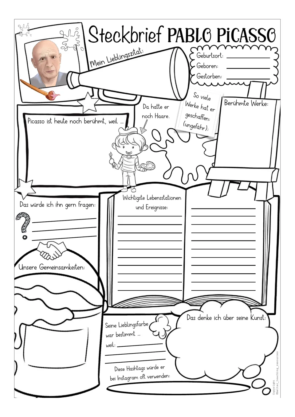 Prompted Picasso profile template with a color portrait asks for life events, famous works, and opinions.