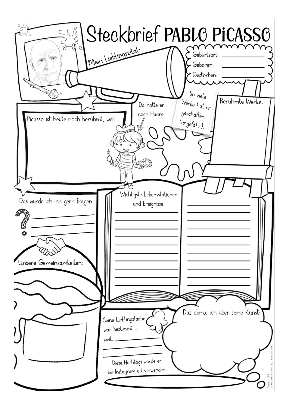Prompted Picasso profile template with an outline portrait asks for a favorite quote and shared traits.