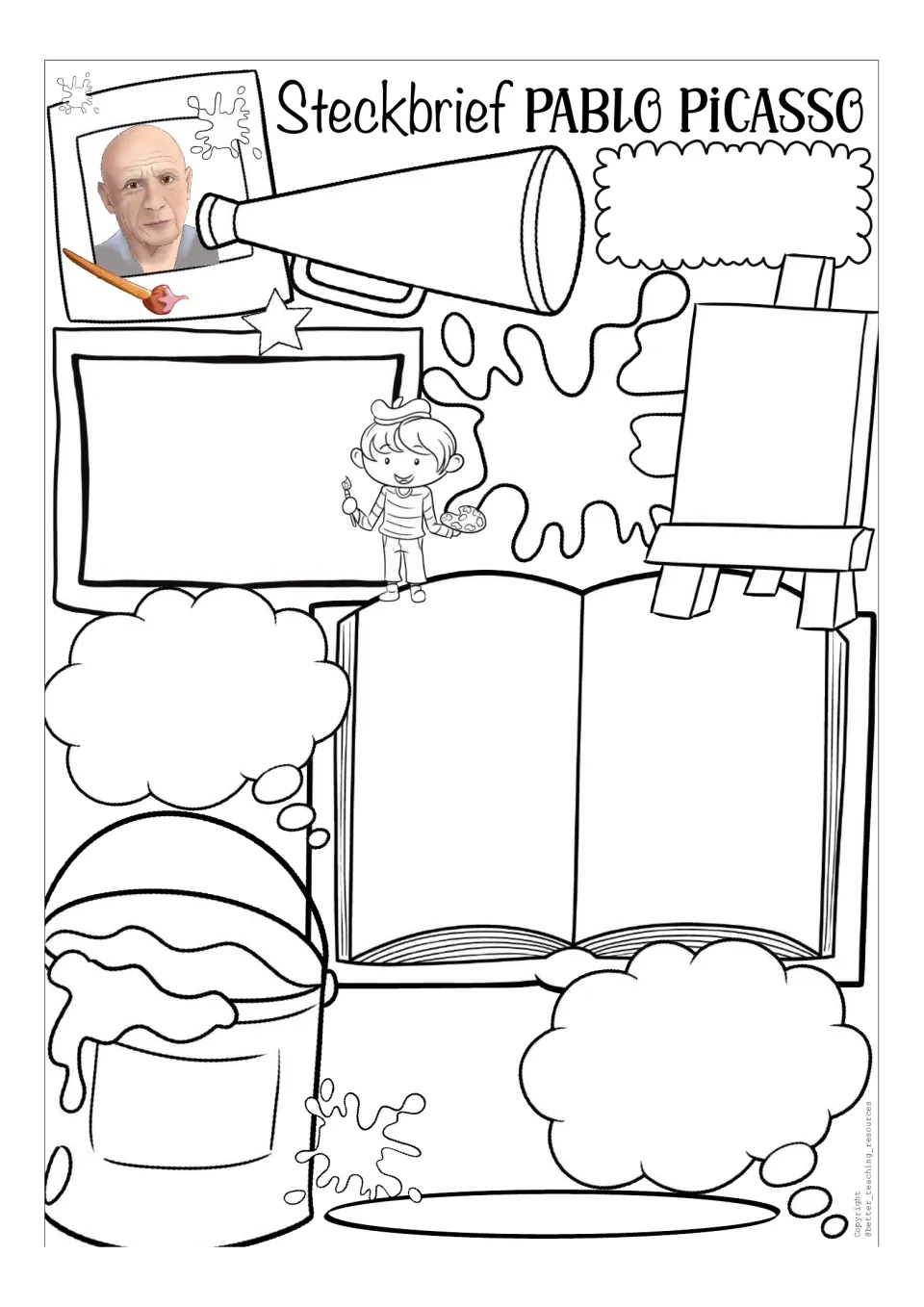 Blank Picasso biography template retains the German profile heading and color portrait for student completion.