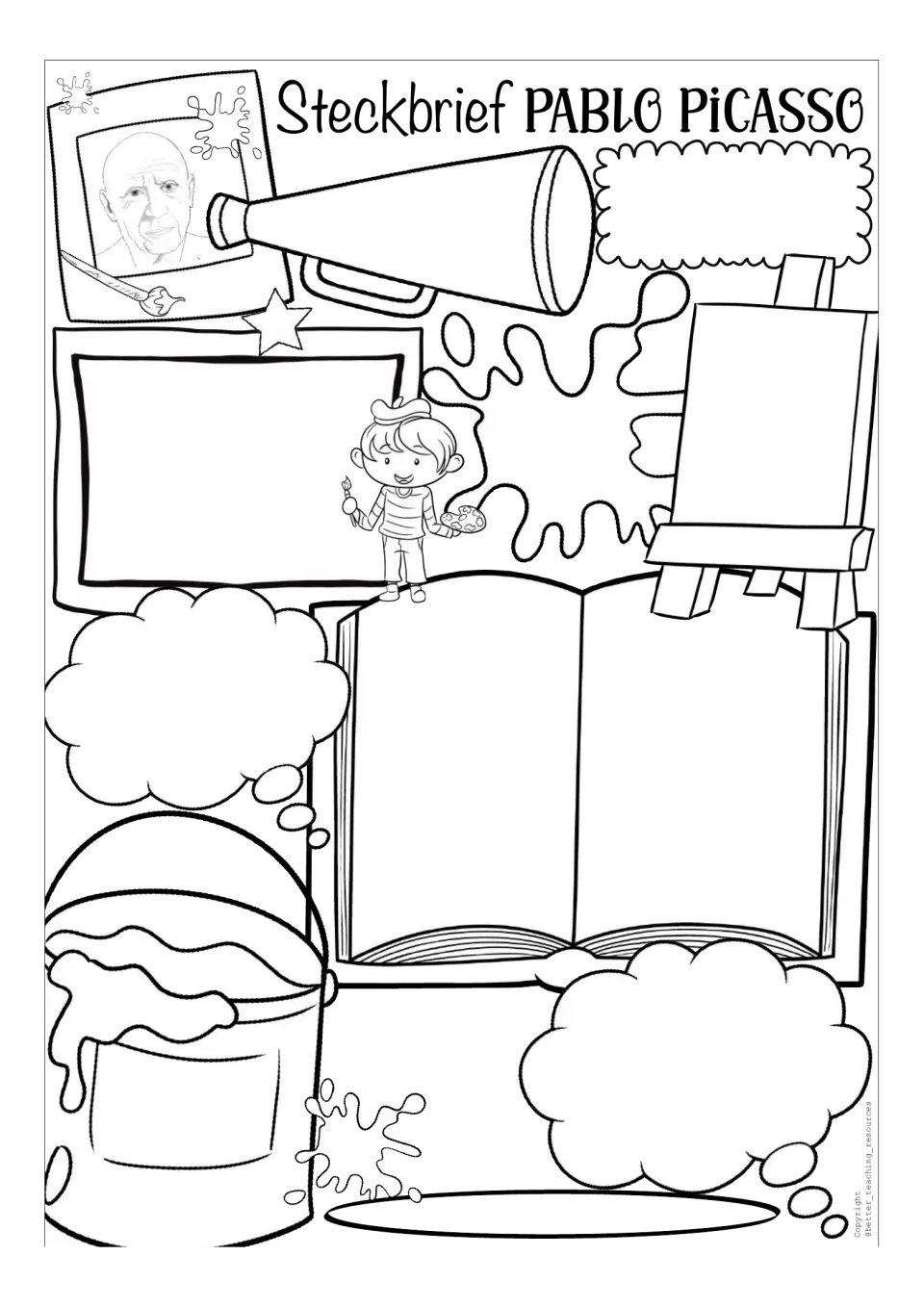 Blank Picasso biography template retains the German profile heading and outline portrait for student completion.