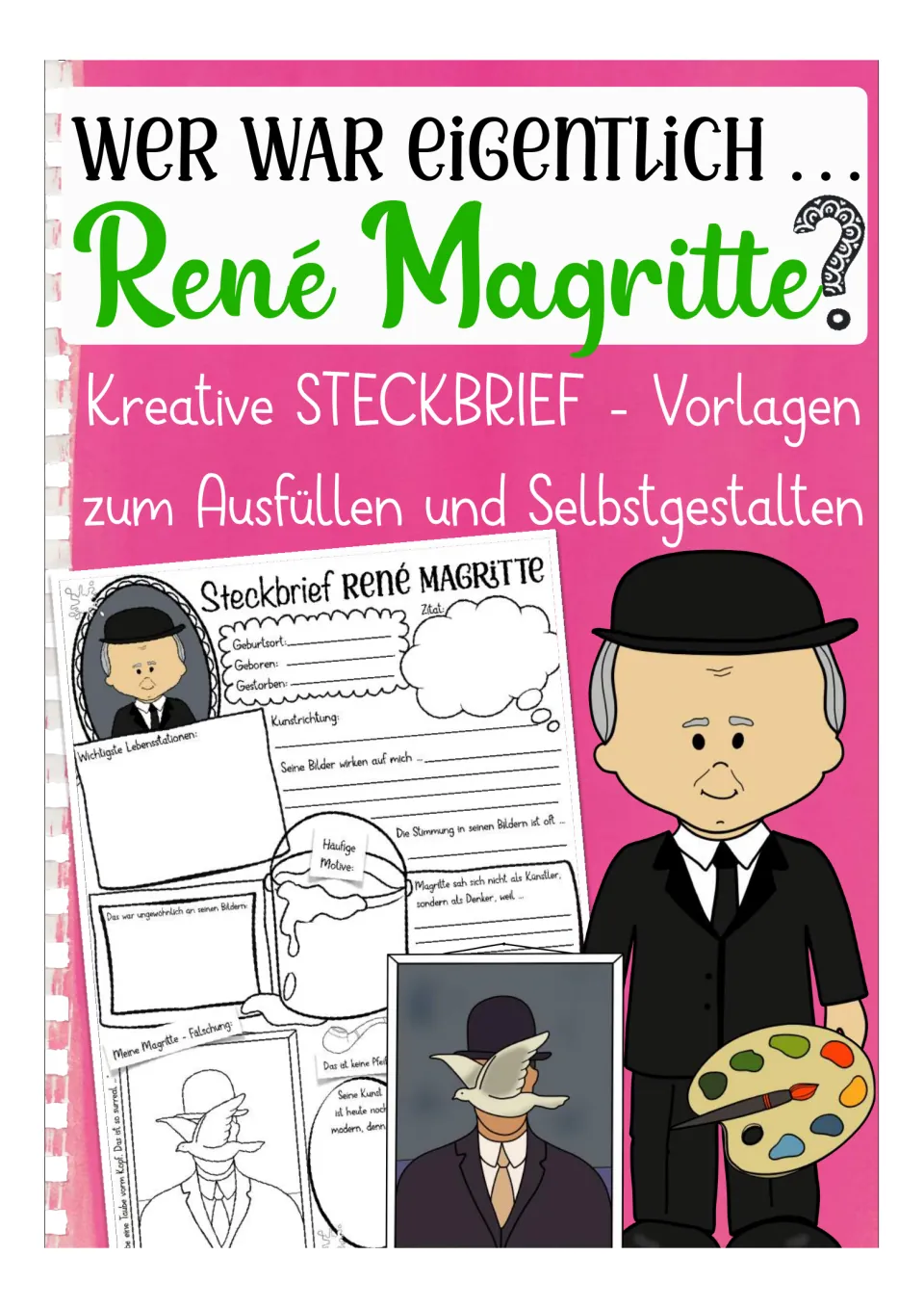 Cover introducing René Magritte and creative Steckbrief (profile) templates to fill in and personalize