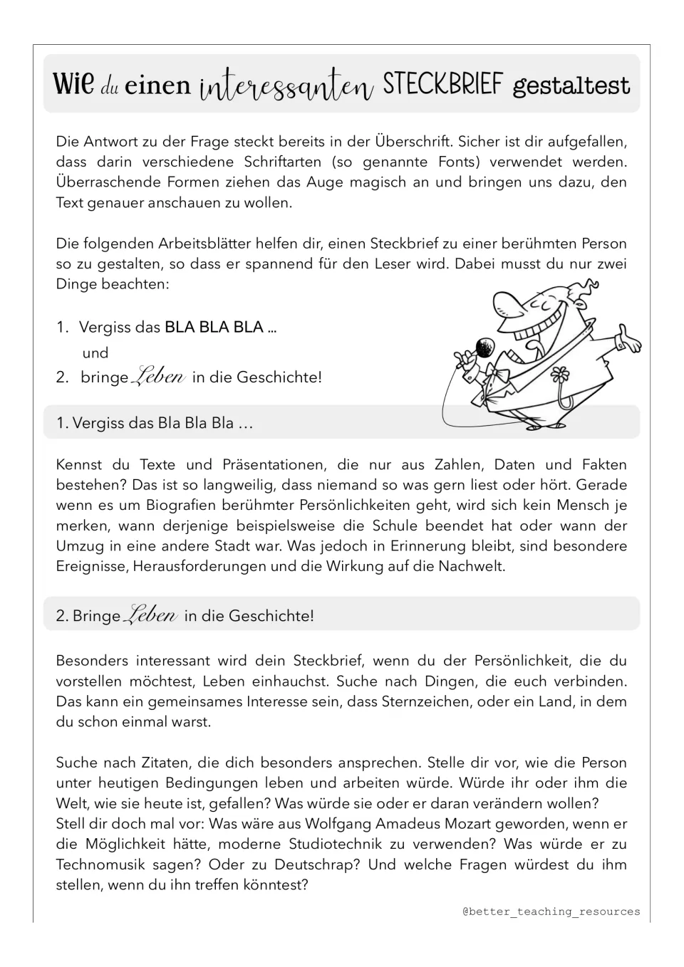 German profile-writing guide encourages memorable events, personal connections, quotes, and questions