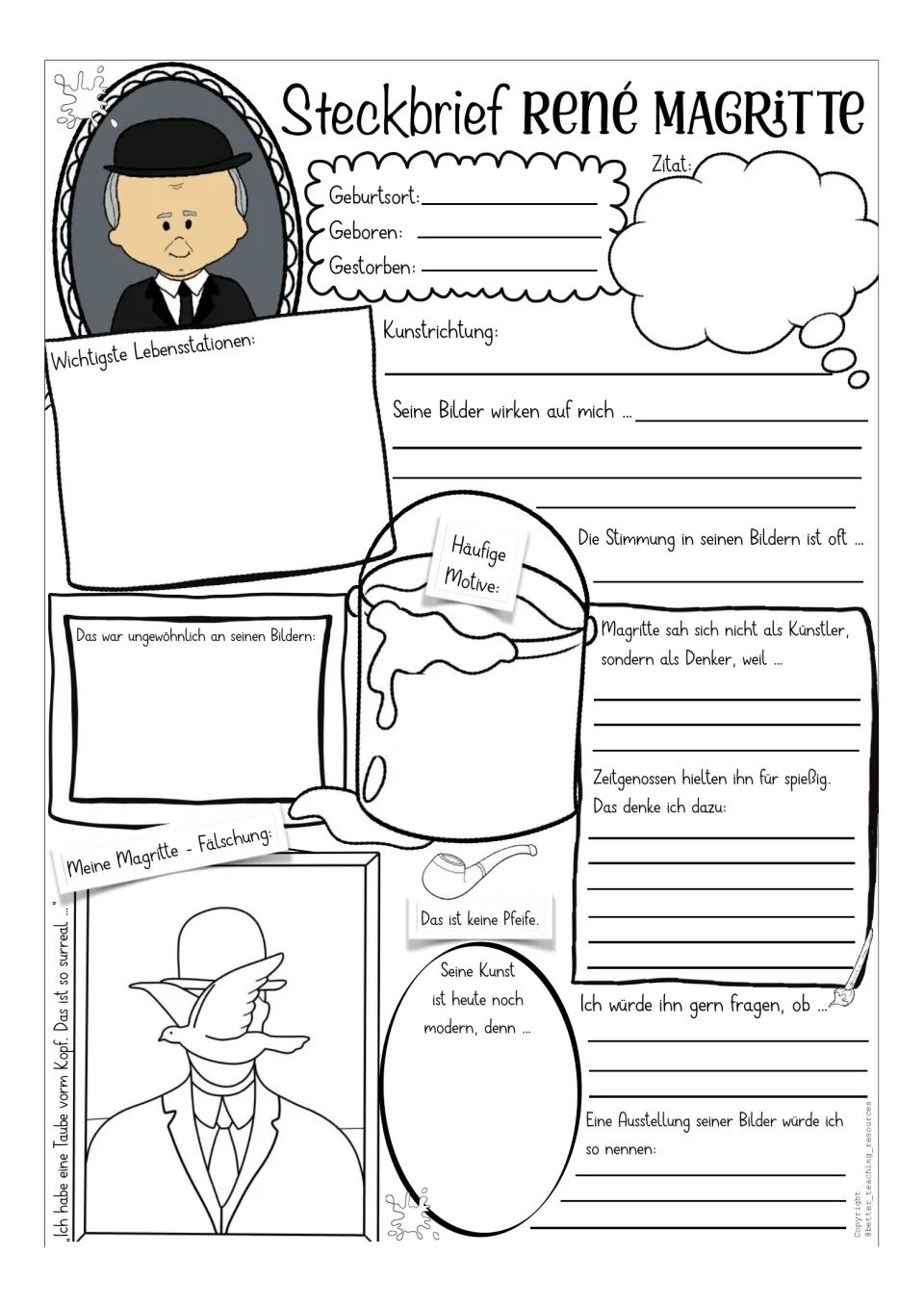 Guided Magritte profile template with a color portrait, biography prompts, art reflections, and drawing