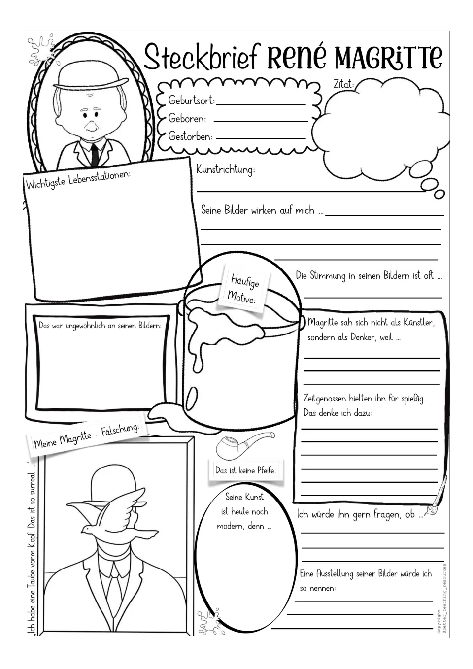 Guided Magritte profile template with an uncolored portrait, life facts, a quote, and painting prompts
