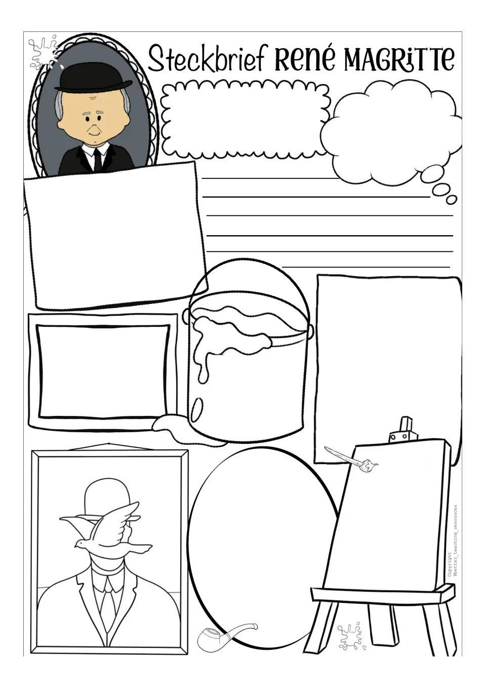 Blank Magritte profile template with a color portrait and a bird-obscured face drawing to personalize