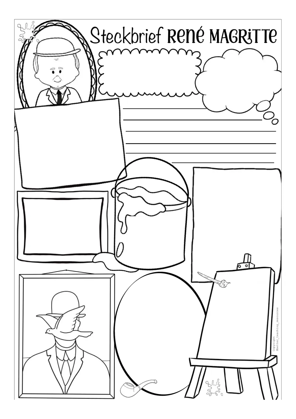 Blank Magritte profile template with an uncolored portrait and bird-obscured face drawing to personalize