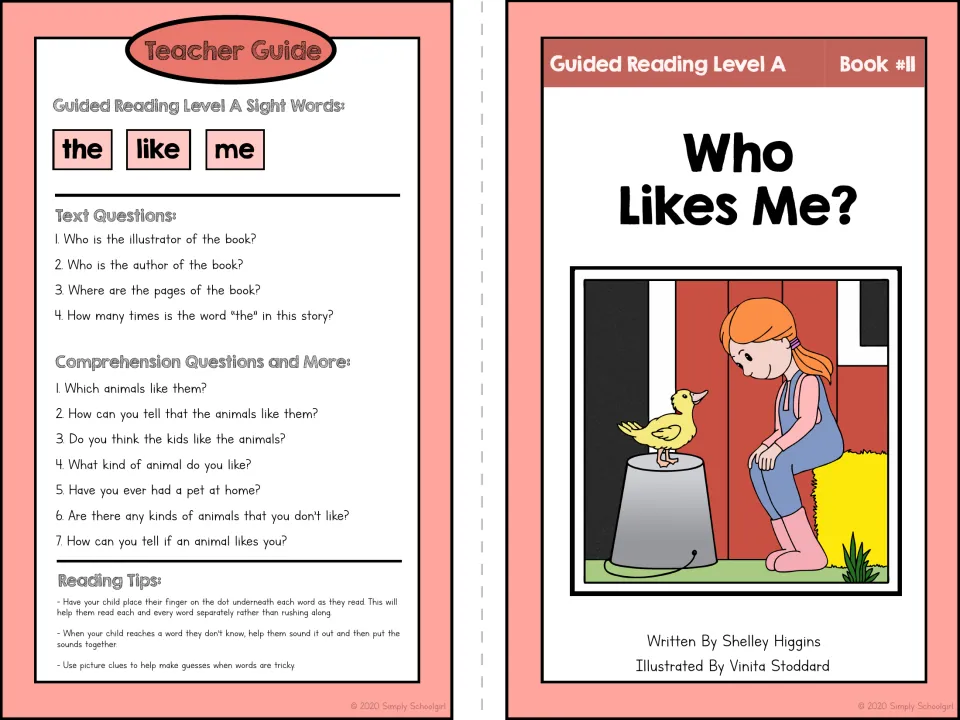 Booklet covers: teacher guide with sight words the, like, me, text and comprehension questions and reading tips