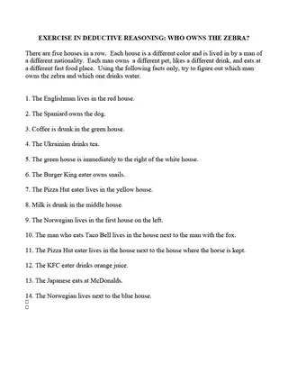 Who Owns the Zebra - Deductive Reasoning Exercise – cover