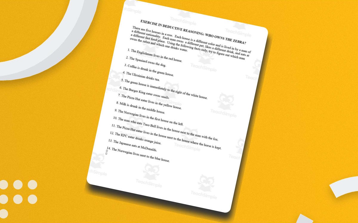 Who Owns the Zebra - Deductive Reasoning Exercise worksheet page with the activity title and student response area.
