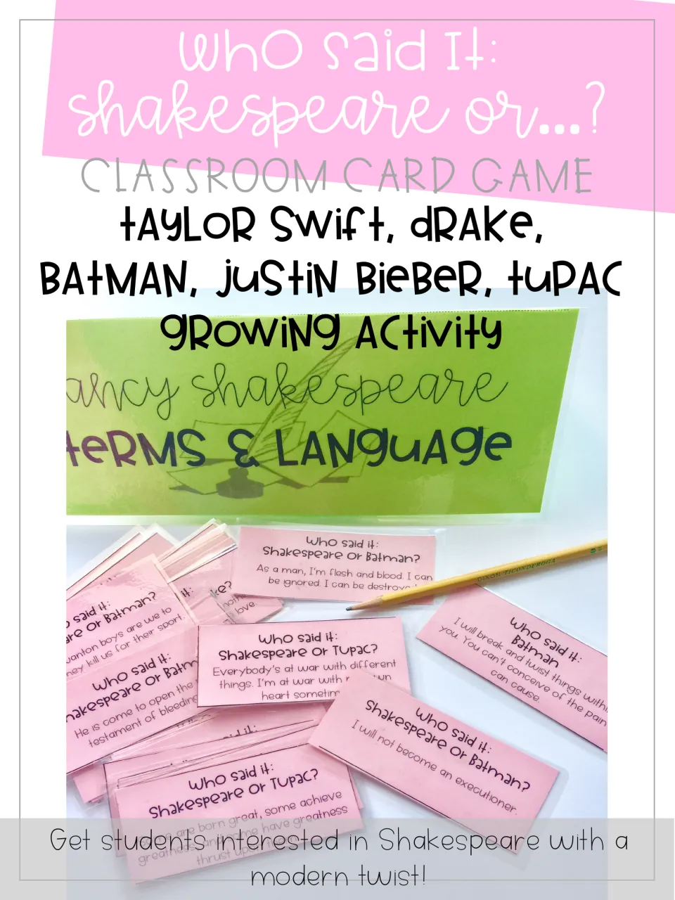 Who Said It cover: quote cards pitting Shakespeare against Taylor Swift, Drake, Batman, Justin Bieber and Tupac
