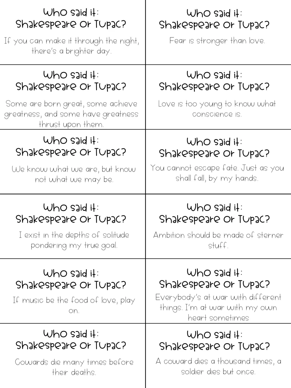 Shakespeare or Tupac quote cards: students read 12 lines, such as 'Fear is stronger than love,' and guess who said each