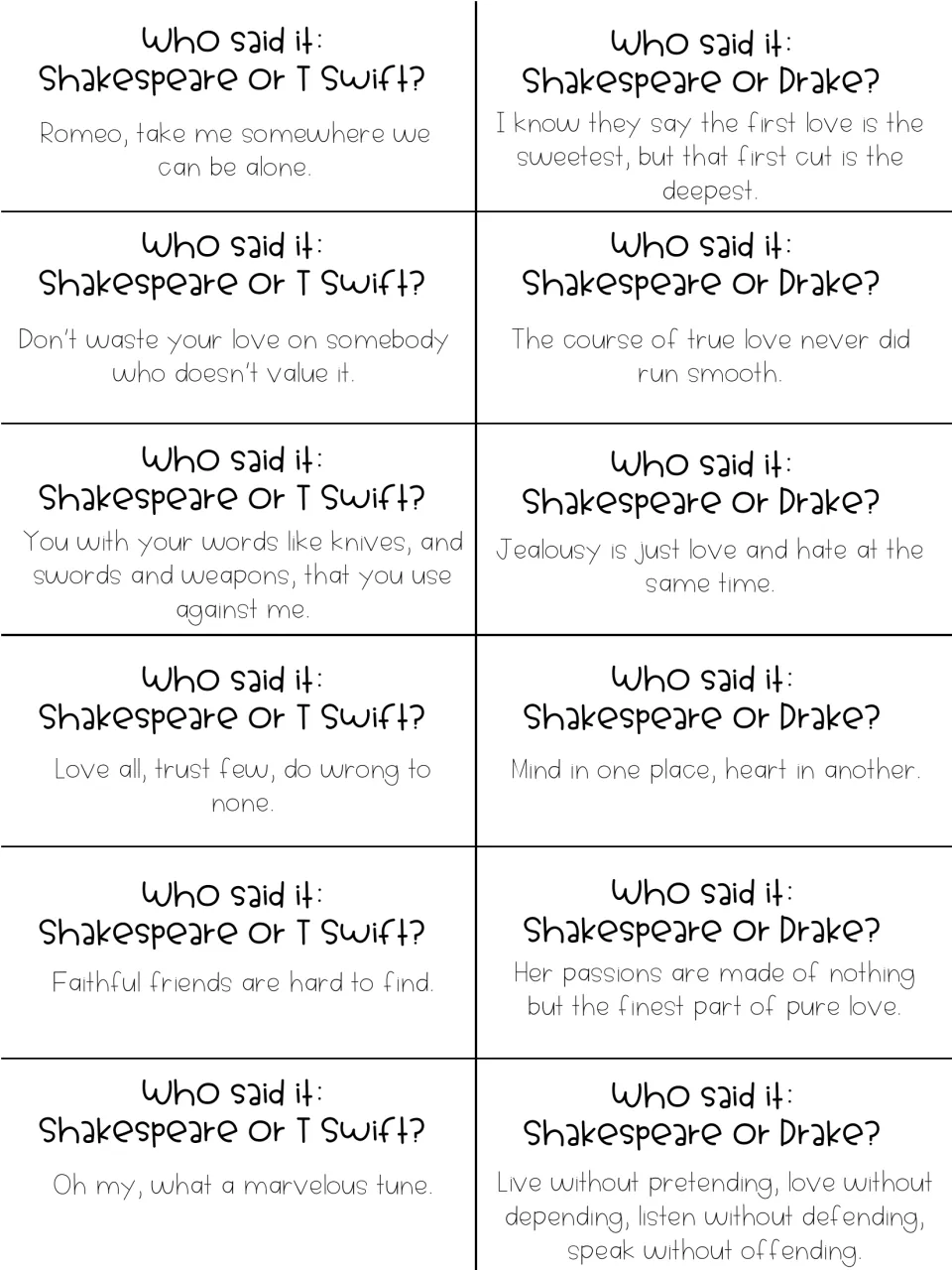 Quote cards pairing Shakespeare with T Swift and with Drake: students guess the speaker of 12 quoted lines