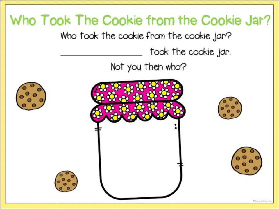 Cookie jar name chant: a classmate's name fills the blank before the line 'Not you then who?' with loose treats around it