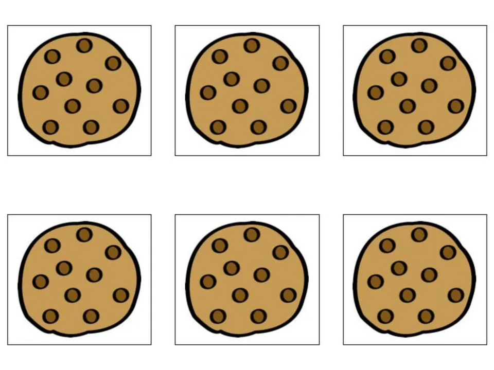 Six identical chocolate chip cookie cards to cut out and use as game pieces while playing the name chant