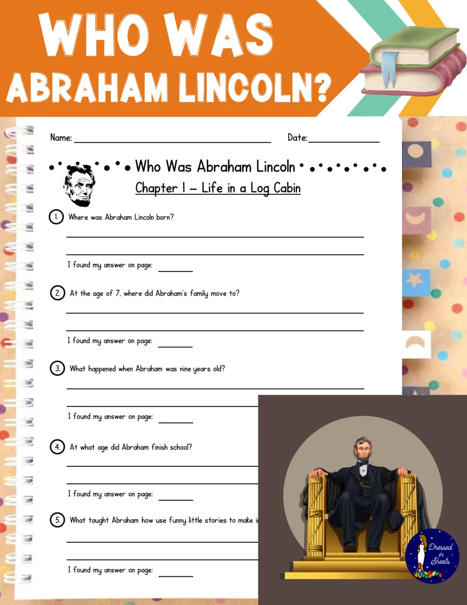 Cover for Who Was Abraham Lincoln? chapter questions, showing the Chapter 1 sheet and a seated Lincoln Memorial statue