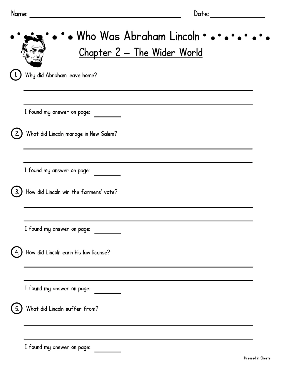 Chapter 2, The Wider World: students answer five questions on leaving home, New Salem and his law license, citing pages