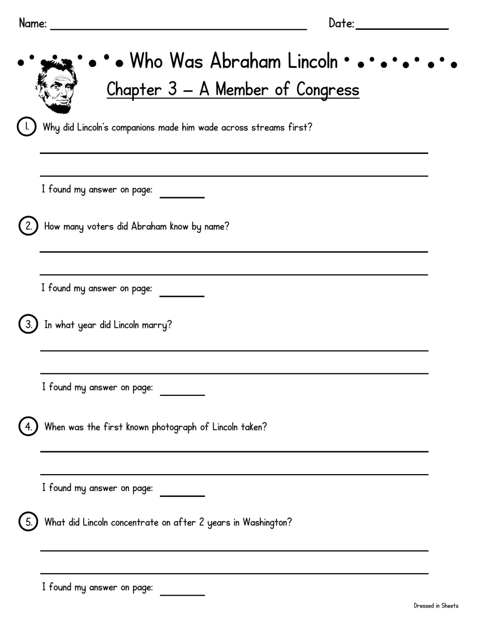 Chapter 3, A Member of Congress: five questions on voters, his marriage year and first photograph, noting answer pages