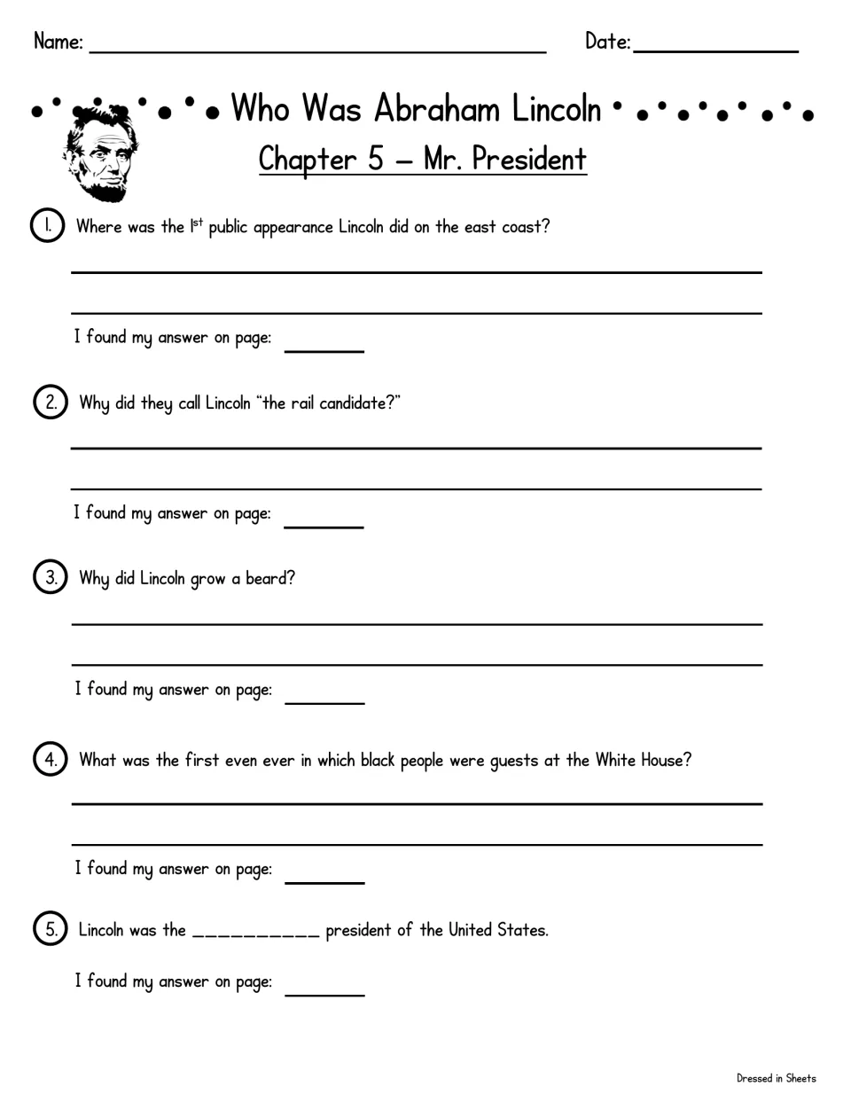 Chapter 5, Mr. President: students answer questions on the rail candidate nickname and his beard, and fill in a blank