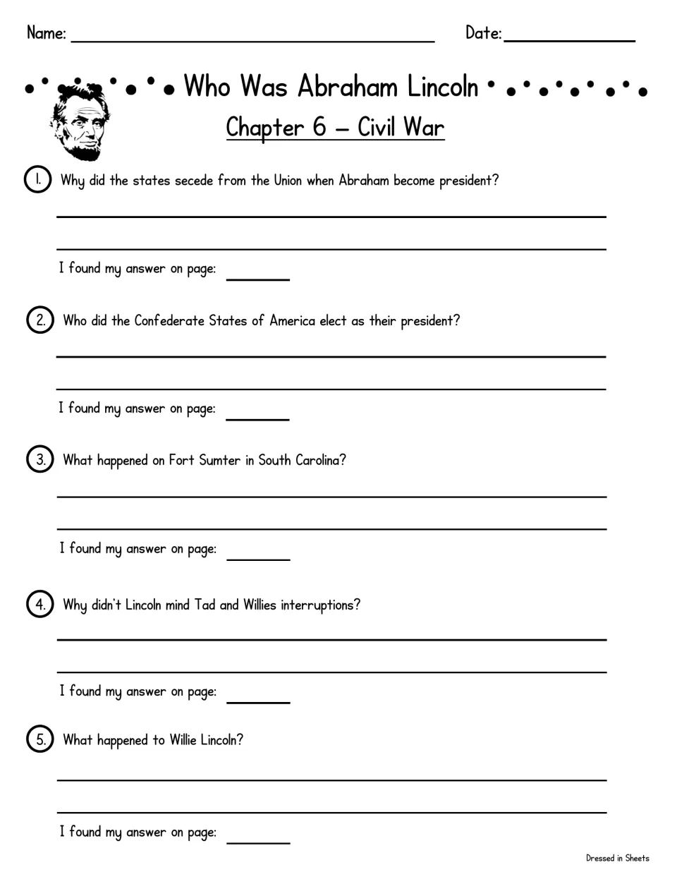 Chapter 6, Civil War: five questions on secession, the Confederate president, Fort Sumter and Willie Lincoln, citing pages